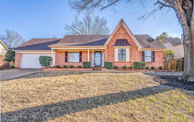 ranch-style home with a garage and a front lawn