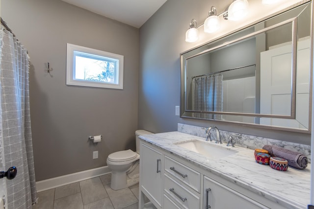 bathroom featuring tile patterned flooring, vanity, a shower with shower curtain, and toilet