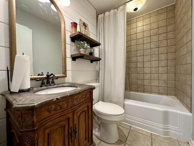 full bathroom with shower / tub combo, vanity, toilet, and tile patterned floors