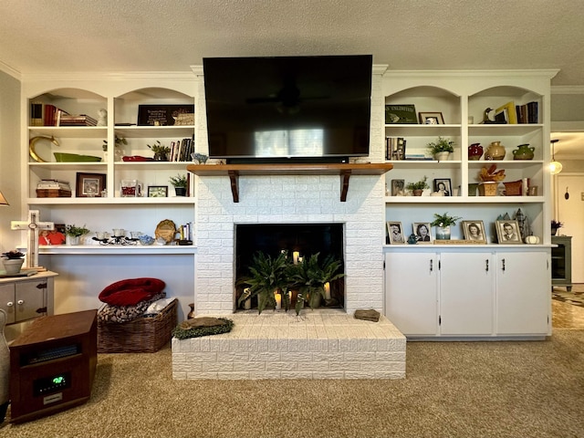 carpeted living room featuring crown molding, a textured ceiling, and a brick fireplace