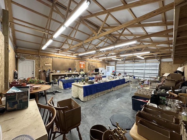 garage with a workshop area