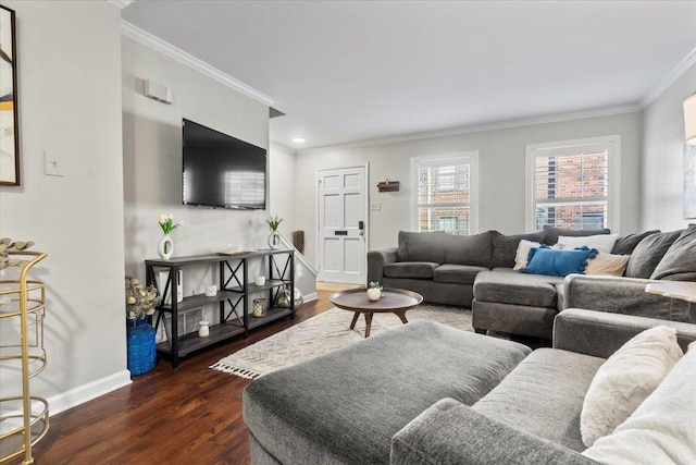 living room with dark hardwood / wood-style floors and ornamental molding