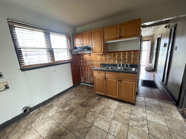 kitchen with sink, a textured ceiling, and tasteful backsplash