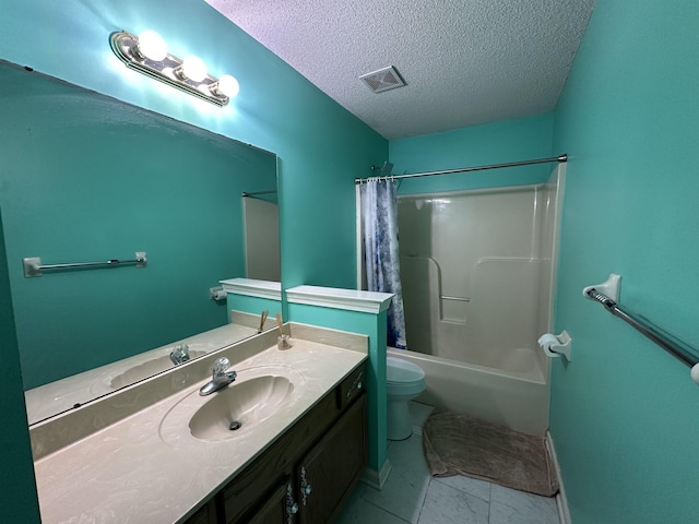 full bathroom featuring tile patterned floors, a textured ceiling, toilet, shower / bath combo with shower curtain, and vanity