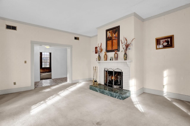 carpeted living room with ornamental molding and a brick fireplace