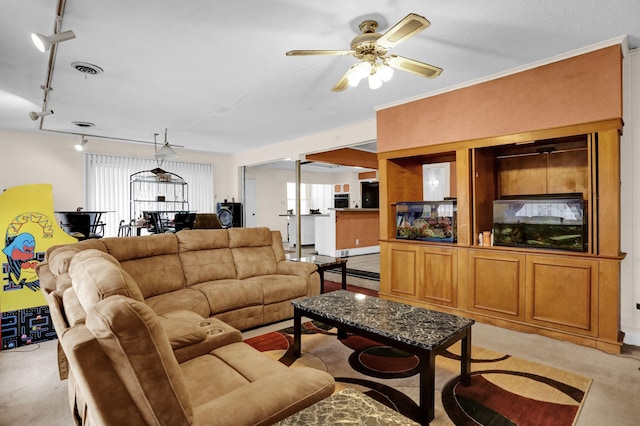 carpeted living room featuring track lighting and ceiling fan