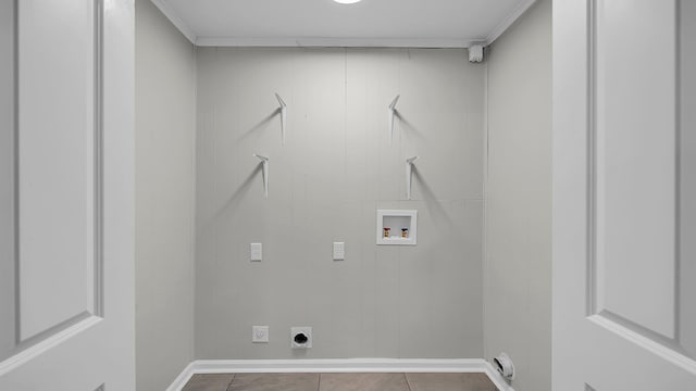 washroom featuring tile patterned flooring, hookup for a washing machine, crown molding, and electric dryer hookup