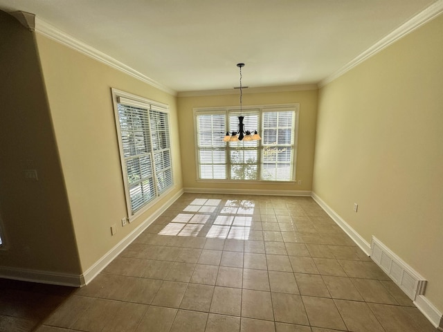 unfurnished dining area with tile patterned floors, a wealth of natural light, and a notable chandelier