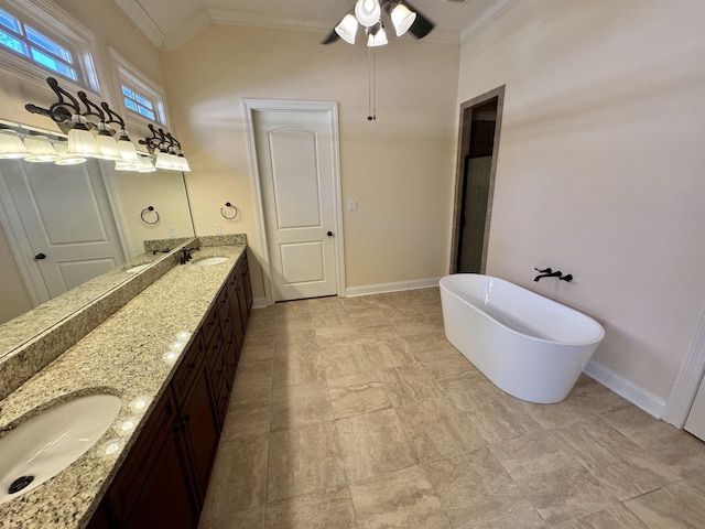 bathroom featuring a bathing tub, vanity, ceiling fan, and crown molding