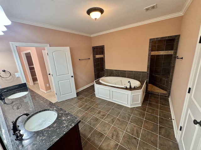 bathroom with separate shower and tub, crown molding, tile patterned flooring, and vanity