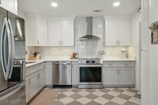 kitchen with wall chimney exhaust hood, white cabinetry, backsplash, and appliances with stainless steel finishes