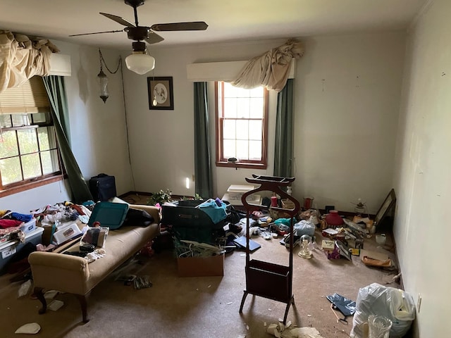 interior space with carpet flooring and ceiling fan