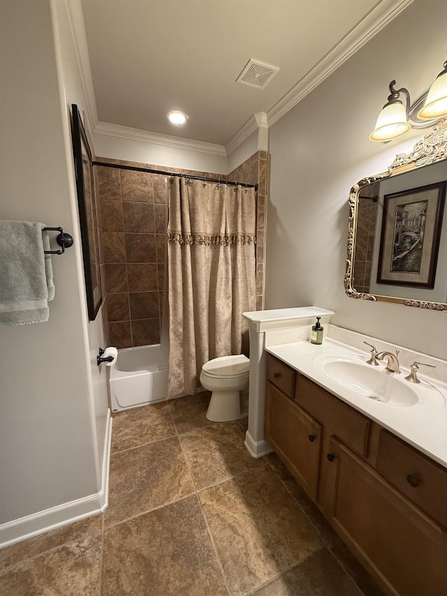 full bathroom featuring toilet, vanity, shower / bath combination with curtain, and ornamental molding