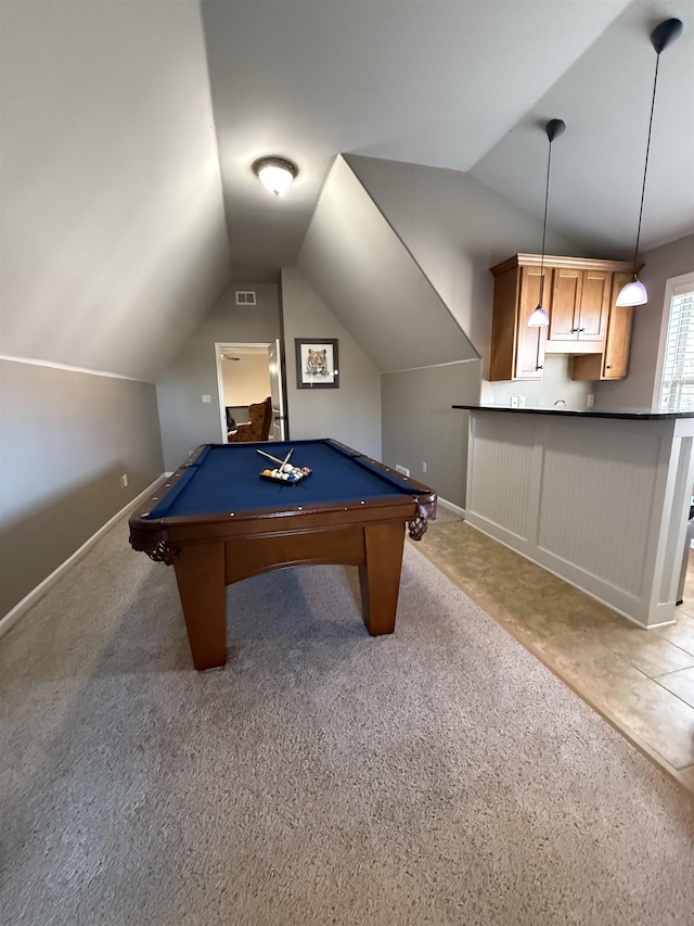 playroom with light colored carpet, vaulted ceiling, and billiards