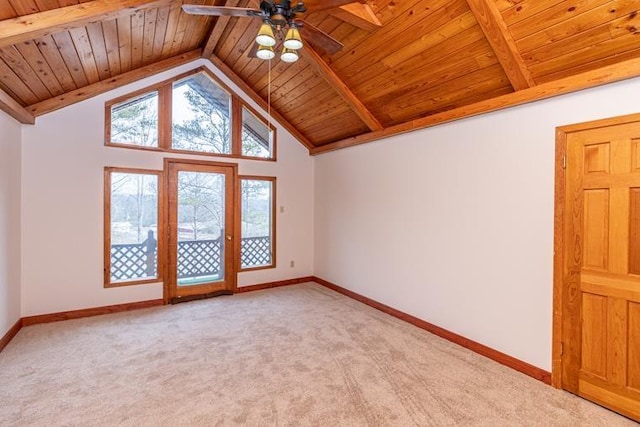 empty room featuring ceiling fan, beam ceiling, wooden ceiling, and light carpet