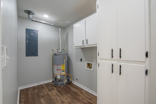 washroom with cabinets, gas water heater, electric dryer hookup, electric panel, and hookup for a washing machine