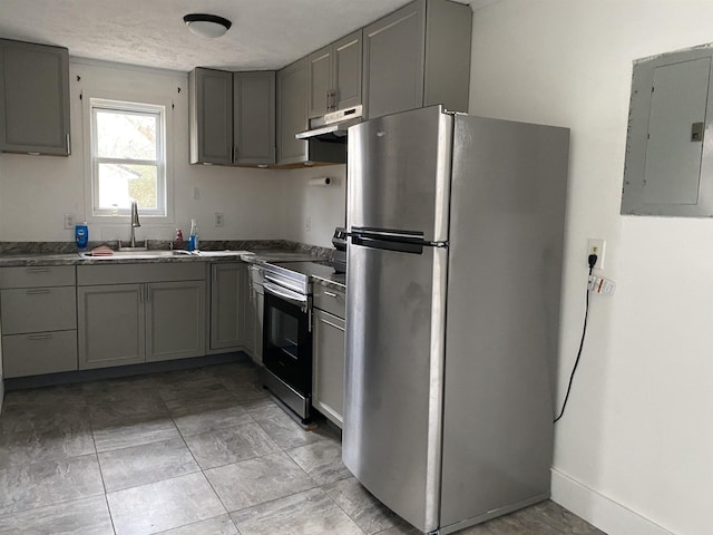 kitchen featuring electric panel, gray cabinets, sink, and appliances with stainless steel finishes