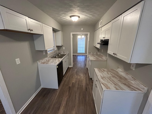 kitchen featuring dark hardwood / wood-style flooring, white cabinetry, sink, and black dishwasher