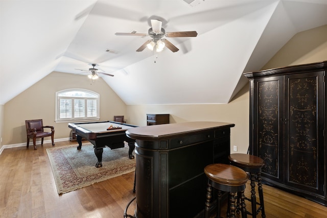 rec room featuring light hardwood / wood-style floors, ceiling fan, lofted ceiling, and pool table