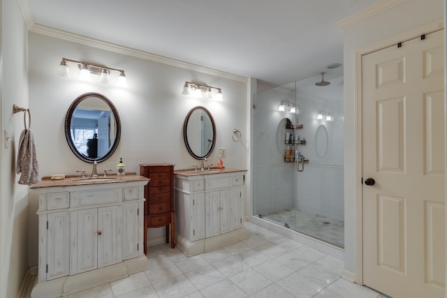 bathroom featuring vanity, a shower with door, and crown molding