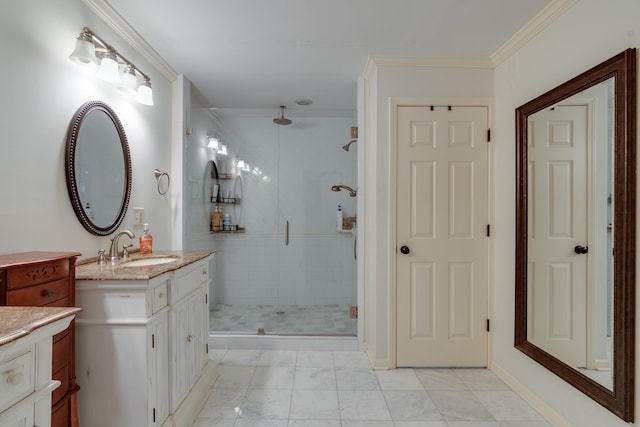 bathroom featuring vanity, an enclosed shower, and ornamental molding