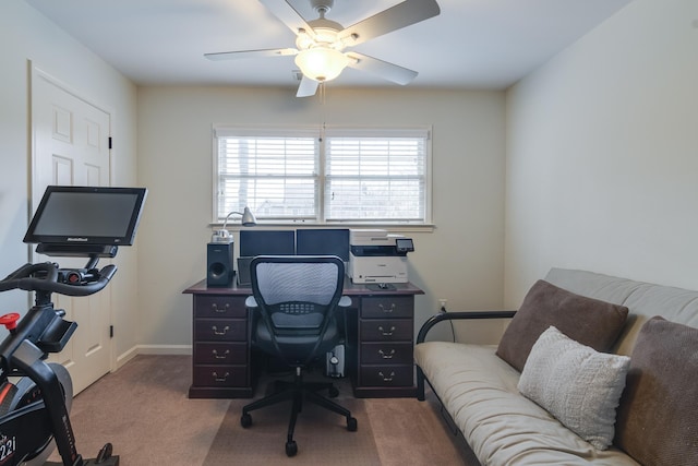 office area with carpet flooring and ceiling fan