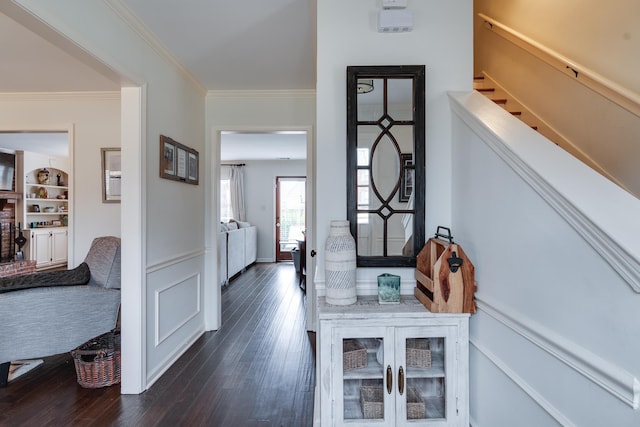 corridor with crown molding and dark wood-type flooring