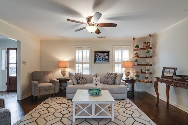 living room featuring crown molding, ceiling fan, and dark hardwood / wood-style floors