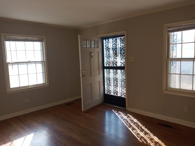 entrance foyer featuring dark hardwood / wood-style floors and ornamental molding