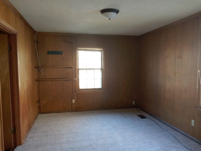 carpeted empty room featuring wood walls and a textured ceiling