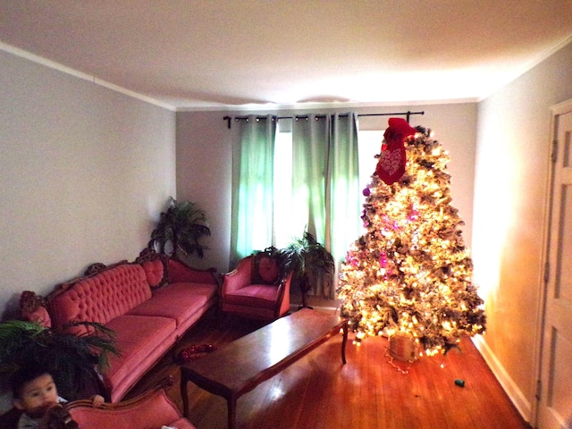 living room featuring crown molding and hardwood / wood-style flooring