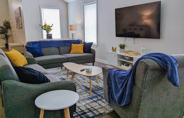 living room featuring a healthy amount of sunlight, wood-type flooring, and vaulted ceiling