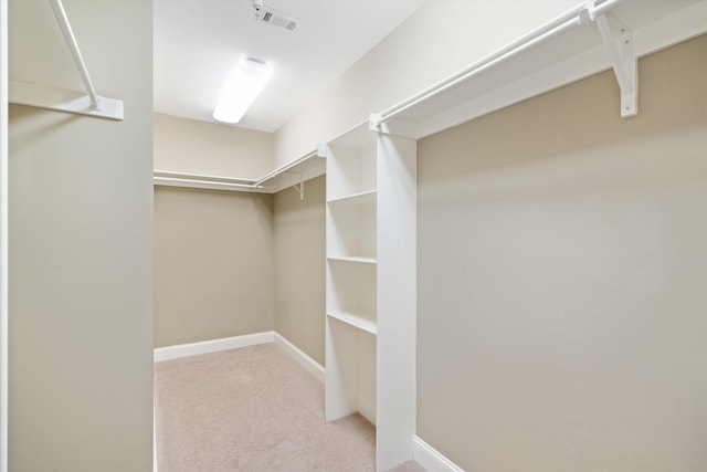 walk in closet with light colored carpet