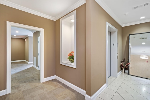 hall featuring elevator, crown molding, and light carpet