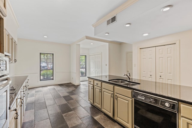 kitchen with dishwasher, cream cabinets, ornamental molding, and sink