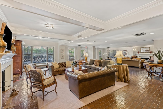 living room with crown molding