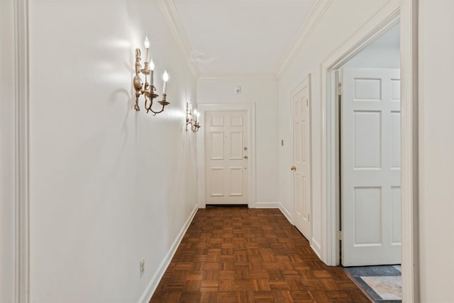 corridor featuring dark parquet floors and ornamental molding