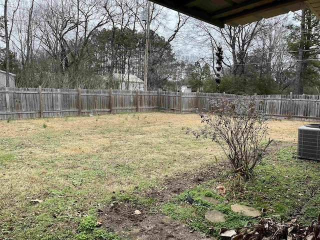 view of yard with cooling unit and a fenced backyard