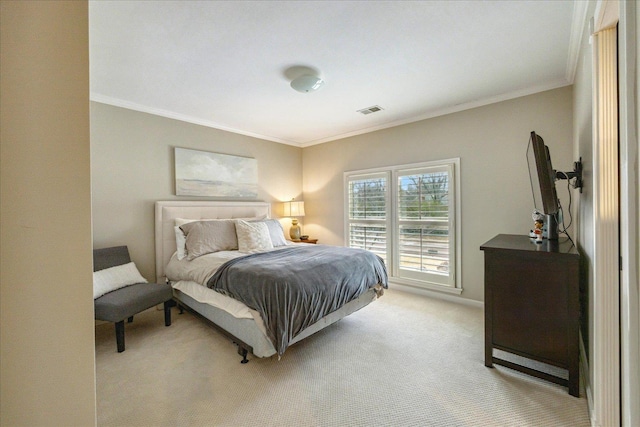 bedroom with light carpet and ornamental molding