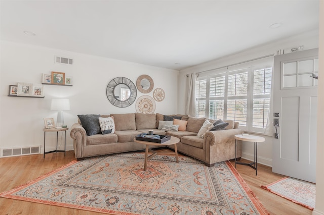 living room featuring crown molding and light hardwood / wood-style flooring