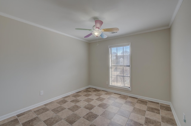 empty room featuring crown molding and ceiling fan