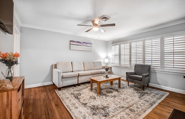 living room featuring ceiling fan, dark hardwood / wood-style flooring, and crown molding