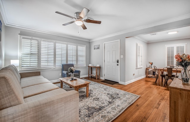 living room with hardwood / wood-style flooring, ceiling fan, and ornamental molding