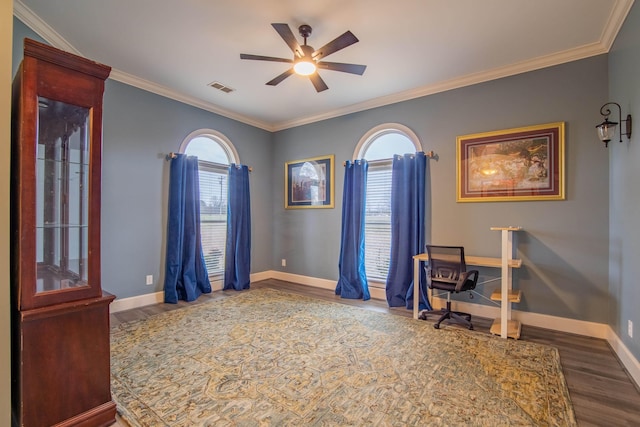 office featuring wood-type flooring, ceiling fan, and crown molding