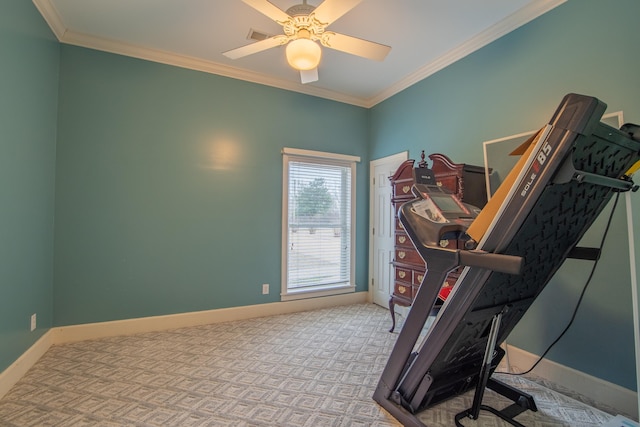 exercise room with ceiling fan, ornamental molding, and light carpet