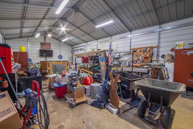 garage with a workshop area