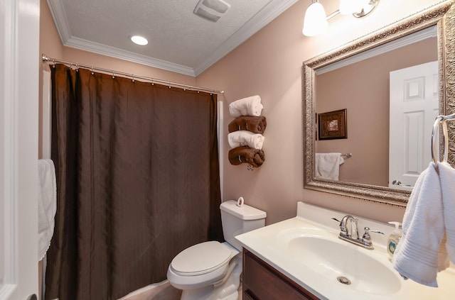 bathroom featuring toilet, vanity, a textured ceiling, and ornamental molding