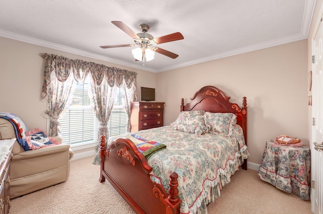 bedroom with light colored carpet, ceiling fan, and crown molding