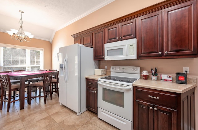 kitchen featuring an inviting chandelier, crown molding, lofted ceiling, decorative light fixtures, and white appliances