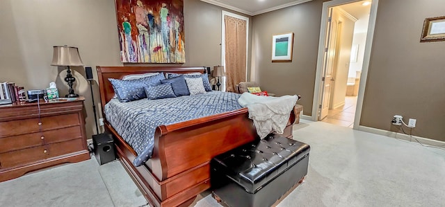 bedroom featuring light carpet and crown molding